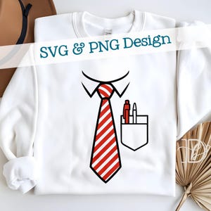 May include: A white long-sleeve sweatshirt featuring a graphic print of a shirt collar, a red and white diagonal striped necktie, and a chest pocket containing a red pen and a white pen. The text SVG & PNG Design is printed across the top.