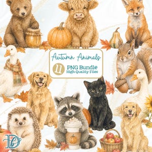 May include: A digital illustration collection featuring a bear with honey, a highland cow, a fox, a squirrel with an acorn, a duck in a scarf, two golden retrievers, a hedgehog, a raccoon with a coffee cup, and a black cat with autumn leaves.