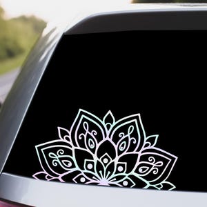 Clean - Holographic Half Mandala Decal for Car Window, Mirror, Laptop; Rainbow Silver 14" 11" 9" 7" 5" 4" Wide Vinyl Sticker - Free Ship