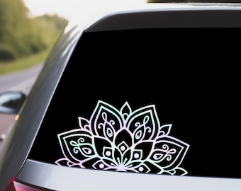 Clean - Holographic Half Mandala Decal for Car Window, Mirror, Laptop; Rainbow Silver 14" 11" 9" 7" 5" 4" Wide Vinyl Sticker - Free Ship