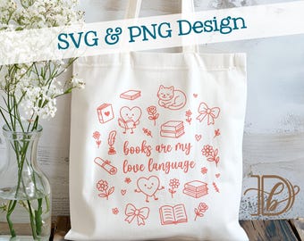 Peut inclure: Sac fourre-tout crème avec un motif rouge de livres, de cœurs, de fleurs et d'un chat. Le texte "books are my love language" est imprimé en rouge. Les mots "SVG & PNG Design" sont imprimés en haut.
