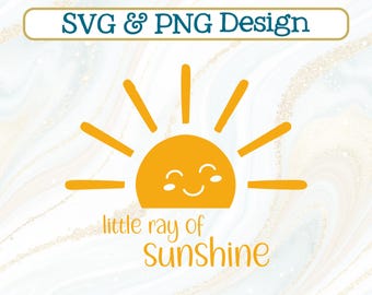 Little Ray Of Sunshine SVG + PNG, Yellow Sun ontwerp voor babyshower, handgemaakt babyshirt, HTV, genderneutrale kinderkamer (digitale download)