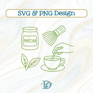 Matcha-teckningar SVG + PNG, Matcha-älskare handritade klotter, finlinjekonstdesign med mugg, visp, löv, sked, etc. (digital nedladdning)