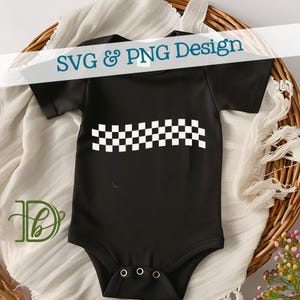 May include: Black baby bodysuit featuring a white and black chequered pattern across the chest. The text "SVG & PNG Design" is displayed across the top. The bodysuit has three poppers at the bottom.