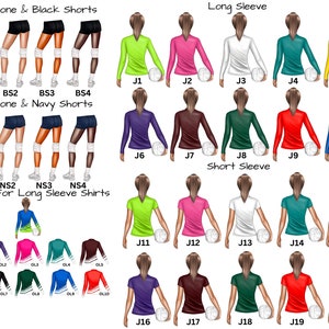 Op de afbeelding: Een digitale illustratie van 20 volleybalspelerontwerpen. De spelers dragen verschillende gekleurde shirts en shorts. De ontwerpen zijn gelabeld met nummers en letters. De tekst "skin tone & Black Shorts", "skin tone & Navy Shorts", "Long Sleeve", "Short Sleeve" en "Overlays For Long Sleeve Shirts" is opgenomen in de afbeelding.