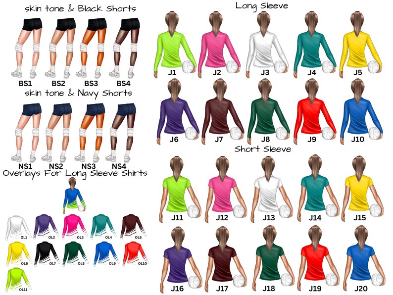 Op de afbeelding: Een digitale illustratie van 20 volleybalspelerontwerpen. De spelers dragen verschillende gekleurde shirts en shorts. De ontwerpen zijn gelabeld met nummers en letters. De tekst "skin tone & Black Shorts", "skin tone & Navy Shorts", "Long Sleeve", "Short Sleeve" en "Overlays For Long Sleeve Shirts" is opgenomen in de afbeelding.
