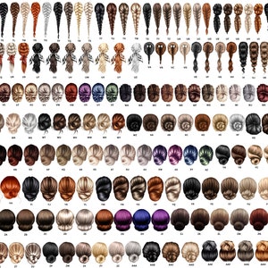 Op de afbeelding: Een verzameling van 100 verschillende kapsels, elk met een unieke kleur en stijl. De kapsels zijn gerangschikt in rijen en kolommen, en elk is gelabeld met een letter en een nummer.