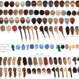 Op de afbeelding: Een schema met verschillende kapsels voor vrouwen. Het schema bevat achter- en zij aanzichten van elk kapsel. De kapsels zijn genummerd en gelabeld met letters. De tekst "I have all colors of these Black and white included FOR THESE IN DETAILS YOU TURN IN PUT WRAP" staat onderaan het schema.