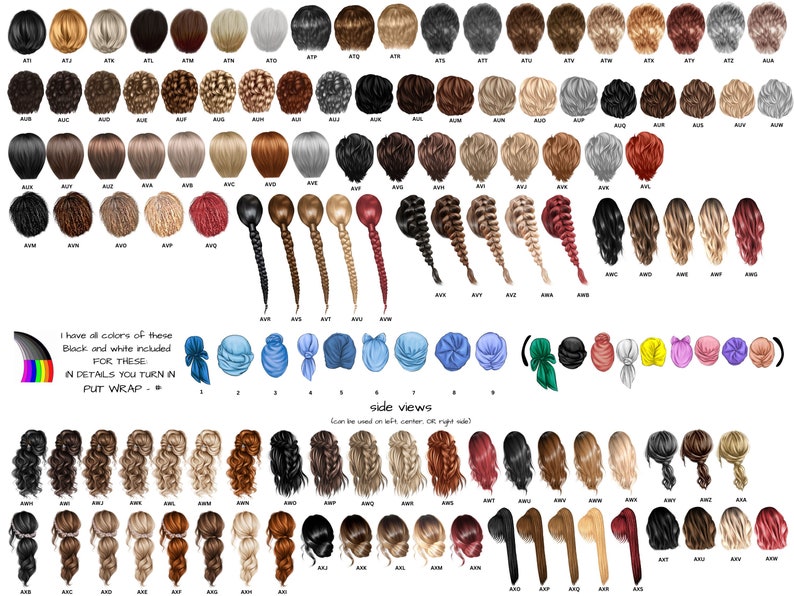 Op de afbeelding: Een schema met verschillende kapsels voor vrouwen. Het schema bevat achter- en zij aanzichten van elk kapsel. De kapsels zijn genummerd en gelabeld met letters. De tekst "I have all colors of these Black and white included FOR THESE IN DETAILS YOU TURN IN PUT WRAP" staat onderaan het schema.