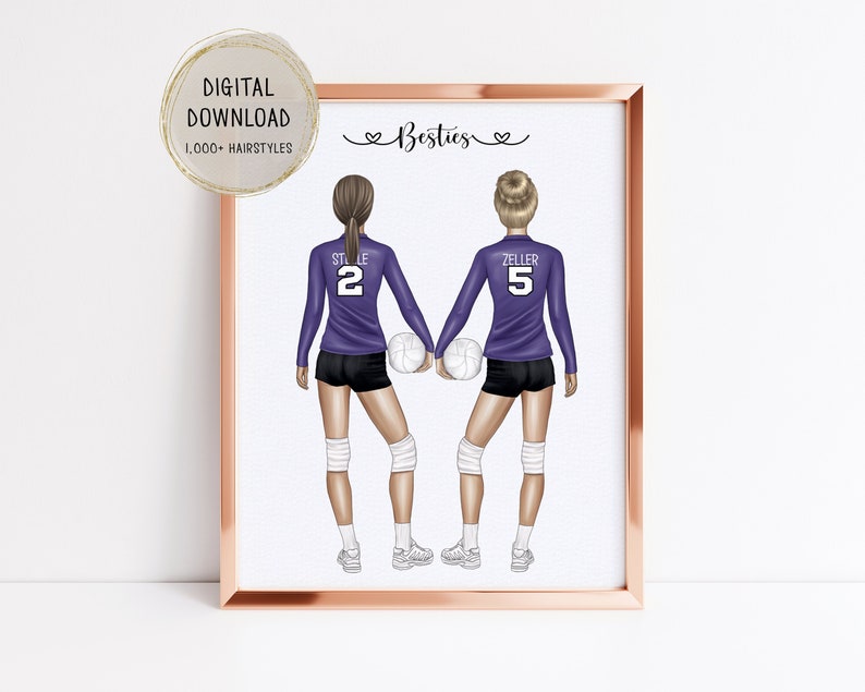 Op de afbeelding: Een digitale illustratie van twee vrouwelijke volleybalspelers die paarse shirts dragen met witte nummers. De speler links heeft nummer 2 en de naam "STEELE" op haar shirt. De speler rechts heeft nummer 5 en de naam "ZELLER" op haar shirt. De tekst "Besties" staat boven de spelers.