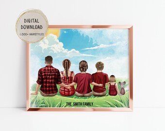 May include: A digital illustration of a family of five with a dog. The family is sitting on a grassy hill with a blue sky and clouds in the background. The text "The Smith Family" is at the bottom of the image.