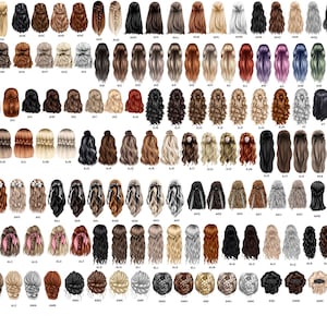 Op de afbeelding: Een set van 48 verschillende kapsels voor digitale kunst en ontwerp. De kapsels zijn allemaal in verschillende stijlen, kleuren en lengtes. De kapsels zijn allemaal in de achterkant.