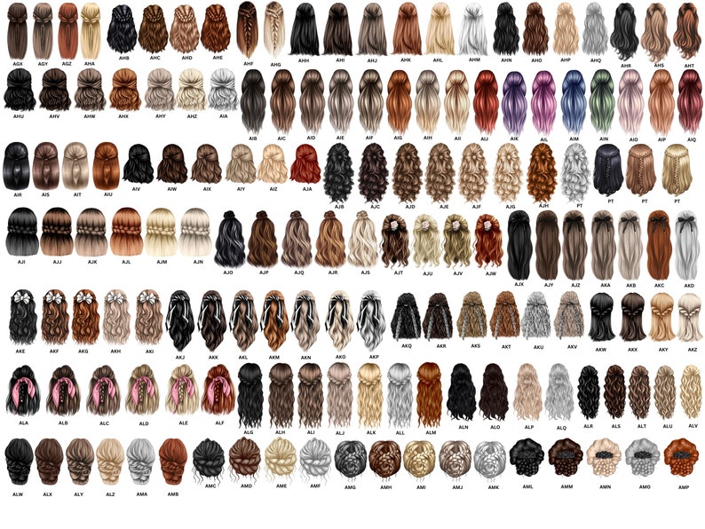 Op de afbeelding: Een set van 48 verschillende kapsels voor digitale kunst en ontwerp. De kapsels zijn allemaal in verschillende stijlen, kleuren en lengtes. De kapsels zijn allemaal in de achterkant.