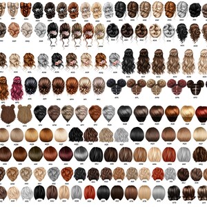 Op de afbeelding: Een grote verzameling van 100 verschillende kapsels voor vrouwen, ge&iuml;llustreerd in een cartoon-stijl. Elk kapsel wordt van achteren getoond, met een verscheidenheid aan kleuren, lengtes en stijlen.