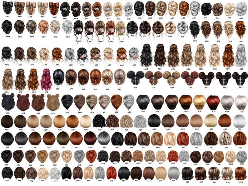 Op de afbeelding: Een grote verzameling van 100 verschillende kapsels voor vrouwen, ge&iuml;llustreerd in een cartoon-stijl. Elk kapsel wordt van achteren getoond, met een verscheidenheid aan kleuren, lengtes en stijlen.