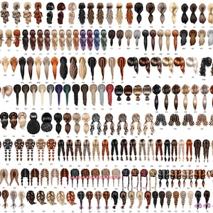 Op de afbeelding: Een set van 64 verschillende achterkantweergaven van kapsels voor vrouwen. De kapsels zijn allemaal in verschillende kleuren en stijlen, waaronder vlechten, paardenstaarten, knotten en krullen.