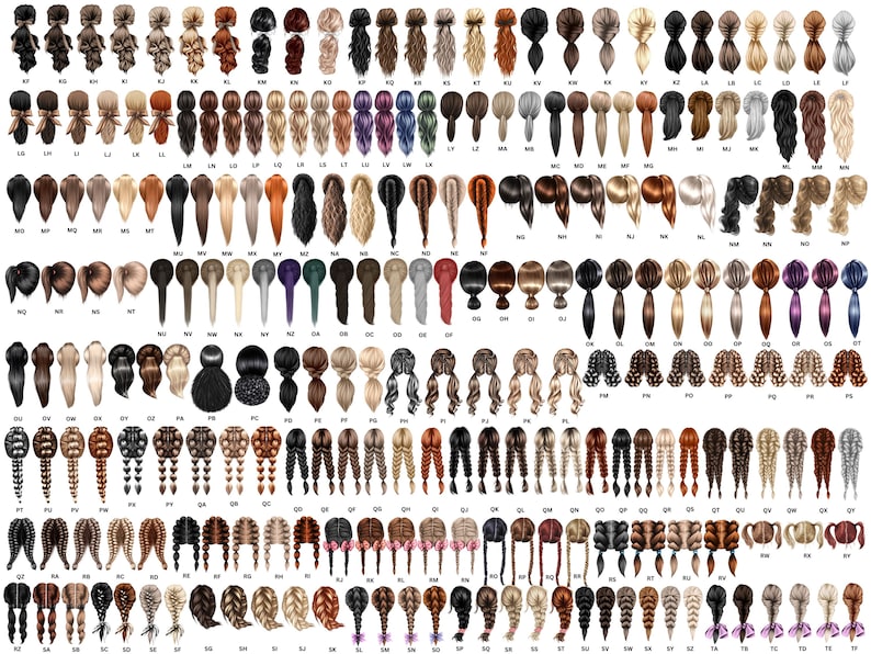 Op de afbeelding: Een set van 64 verschillende achterkantweergaven van kapsels voor vrouwen. De kapsels zijn allemaal in verschillende kleuren en stijlen, waaronder vlechten, paardenstaarten, knotten en krullen.