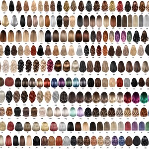 Op de afbeelding: Een grote verzameling van 100 verschillende achterkantweergaven van vrouwenkapsels. De kapsels zijn in verschillende kleuren en stijlen, waaronder recht, krullend, golvend en gevlochten.