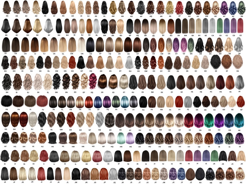 Op de afbeelding: Een grote verzameling van 100 verschillende achterkantweergaven van vrouwenkapsels. De kapsels zijn in verschillende kleuren en stijlen, waaronder recht, krullend, golvend en gevlochten.