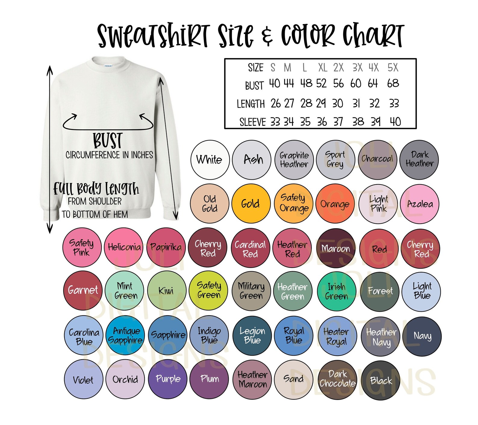 Gildan Sweatshirt Color and Size Chart Digital Download File G180 Adult ...