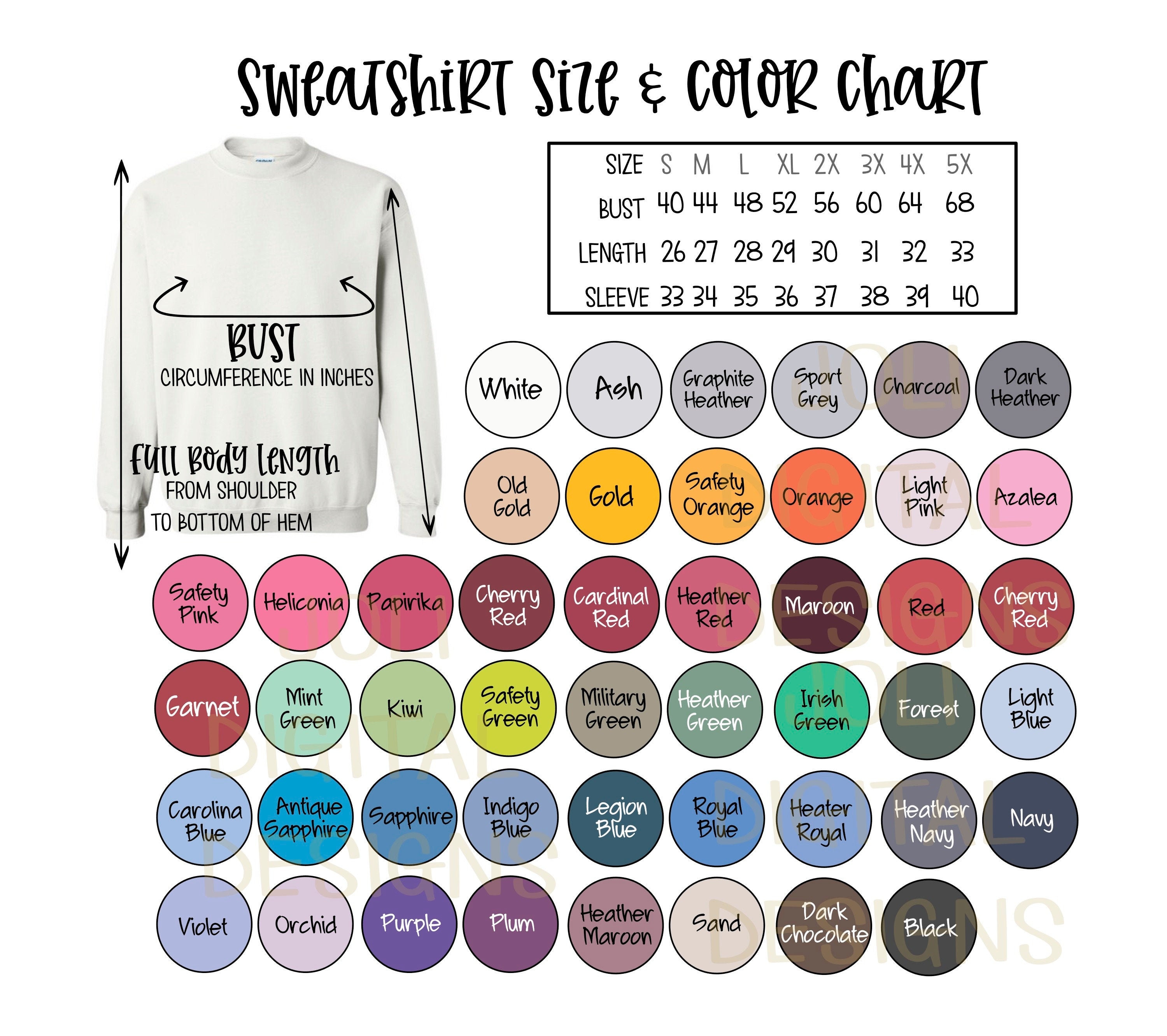 Gildan Sweatshirt Color and Size Chart Digital Download File G180 Adult ...