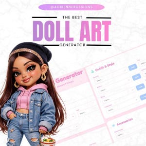 May include: Digital artwork showing a doll with long brown hair, wearing a black beanie with a gold band, a pink hoodie, and a denim jacket. The text reads "THE BEST DOLL ART GENERATOR". A digital interface is visible on the right.