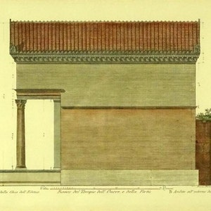 May include: A black and white architectural drawing of a building with a red tiled roof. The drawing is labeled "A Avansa della Cara del Bu", "Pance del Tempie dell Onere, e della Virtu", and "B Amber all tel".