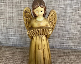 Paper Mache Angel w/Accordion, 10”, Gold, Vintage