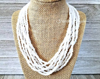 White necklace, white beaded necklace, multi strand necklace, adjustable length, white multiple strand necklace, white and silver necklace