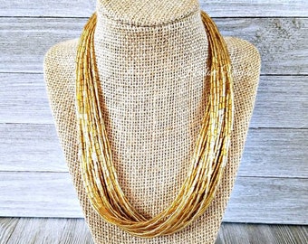Gold necklace, gold bead necklace, gold beaded necklace, multi strand necklace, solid gold necklace, gold jewelry, gold beaded jewelry