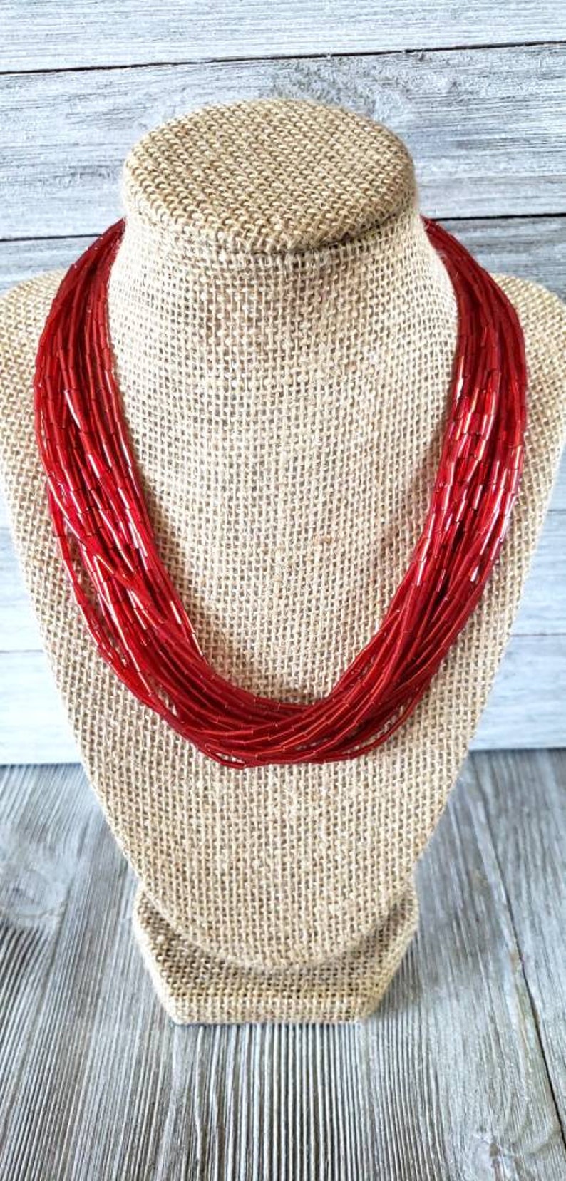 red bugle bead bugle bead multi strand necklace red multi strand necklace Red bugle bead necklace beaded neckla bright red necklace
