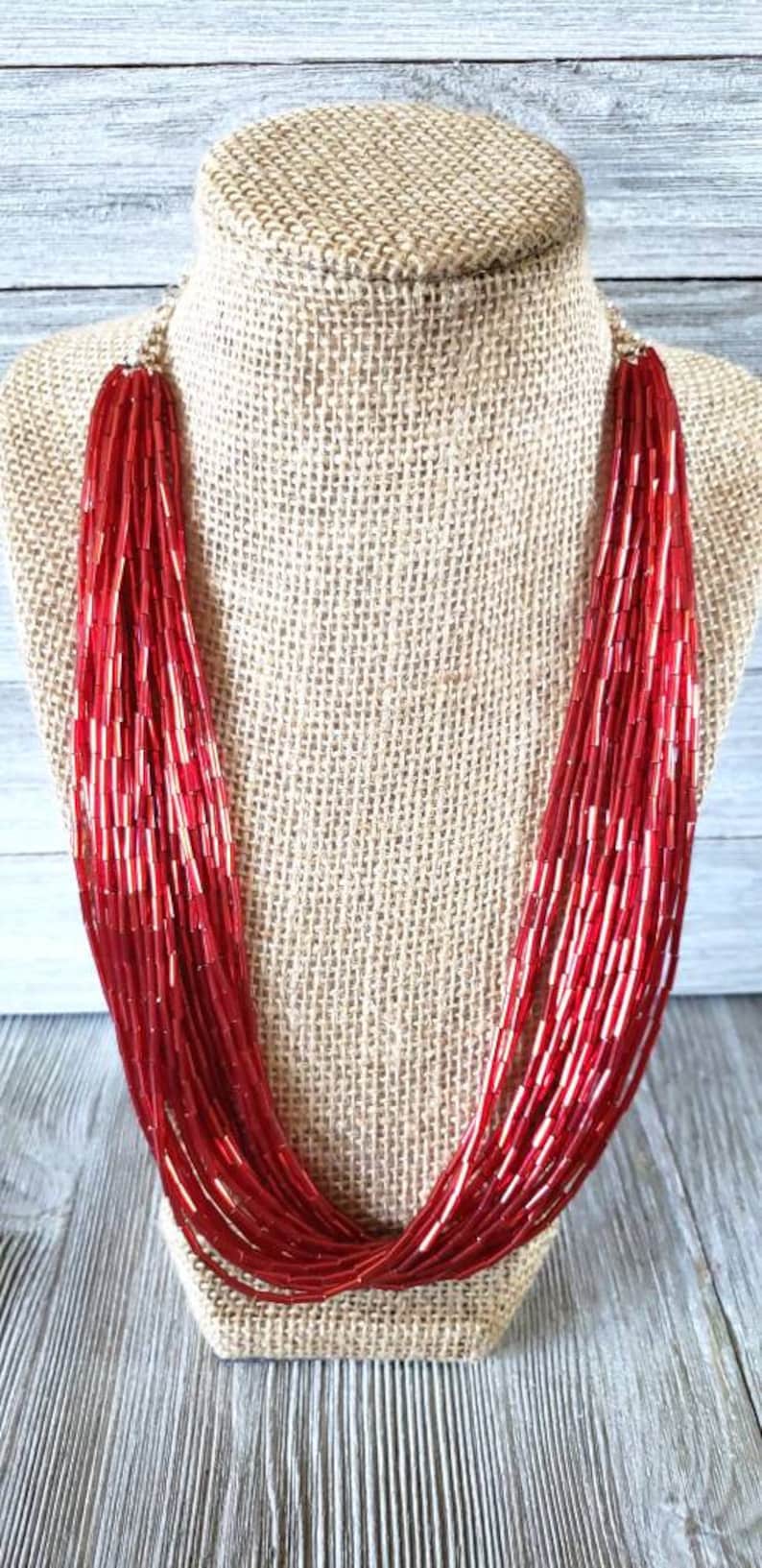 red bugle bead bugle bead multi strand necklace red multi strand necklace Red bugle bead necklace beaded neckla bright red necklace