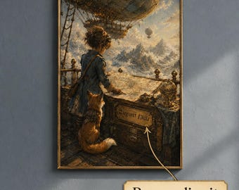 Personalized Girl and Fox Nursery Wall Art, Steampunk Airship Adventure Print, Vintage Storybook Poster, Custom Name Room Decor