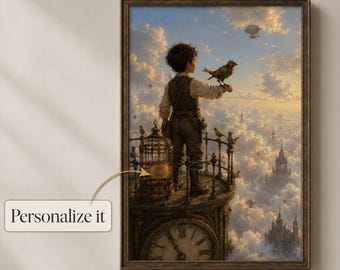 Personalized Boy and Mechanical Bird Nursery Wall Art, Steampunk Clock Tower Print, Vintage Storybook Poster, Custom Name Room Decor