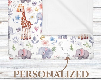 Elephant Giraffe Floral Baby Blanket, Personalized Nursery Decor, Minky or Fleece