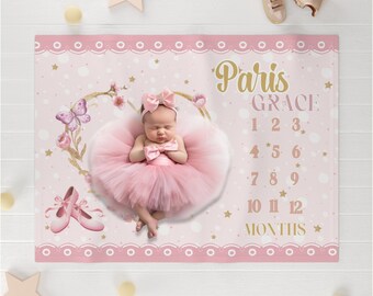 Pink Ballet Ballerina Milestone Blanket, Personalized Baby Month Tracker, Nursery Photo Prop