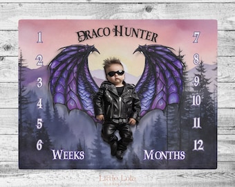 Personalized Dragon Wings Baby Milestone Blanket: Fantasy Goth Month Tracker
