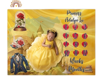 Beauty and the Beast Milestone Blanket, Personalized Baby Month Tracker, Fairytale Nursery