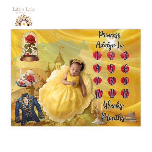 Couverture personnalisée pour bébé Milestone - La Belle et la Bête, thème du conte de fées - Suivi du mois - Choisissez votre tissu - Plusieurs tailles