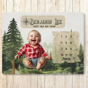 Cobertor Evergreen Forest Baby Milestone - Trace seu próprio curso - Presente para bebê - Ao ar livre, Caminhadas, Lenhador, Natureza - Escolha seu tecido