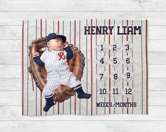 Baseball Milestone Blanket, Personalized Baby Sports Nursery, Month Tracker Photo Prop