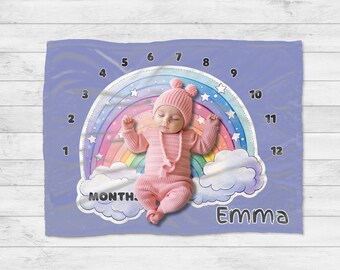 Purple Rainbow Milestone Blanket, Personalized Baby Month Tracker, Choose Your Fabric, Multiple Sizes