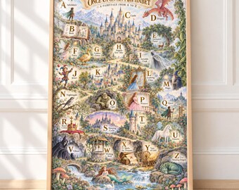 Fairytale Alphabet Poster, Once Upon an Alphabet ABC Nursery Wall Art, Enchanted Kingdom Storybook Print, Princess Castle Kids Room Decor
