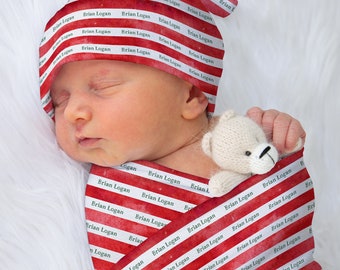 Personalized Christmas Stripe Baby Blanket Set: Hat & Headwrap
