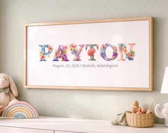Personalized Floral Name Print, Watercolor Flower Name Art, Custom Baby Name Wall Art, Birth Date, Nursery or Family Print
