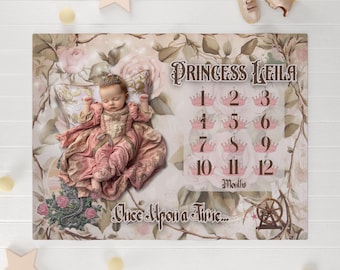 Personalized Princess Baby Milestone Blanket: Sleeping Beauty Rose Floral Month Tracker