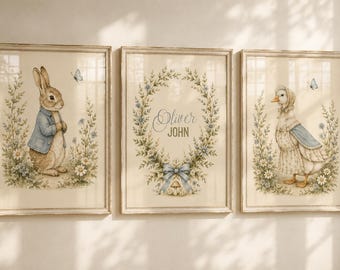 Beatrix Potter Inspired Nursery Wall Art Set of 3, Bunny & Mother Goose Prints, Personalized Baby Name, Gender Neutral Cottage Nursery