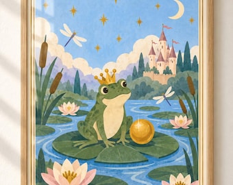 Frog Prince Wall Art, Once Upon a Time Fairytale Nursery Poster, Storybook Pond Kids Room Decor