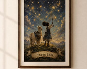 Personalized Girl and Llama Nursery Wall Art, Whimsical Star Catcher Print, Celestial Fantasy Poster, Custom Name Kids Room Decor