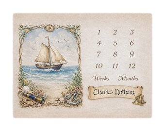 Personalized Nautical Sailboat Milestone Blanket Minky Blanket | Ocean Sailing Ship Baby Months Weeks Tracker